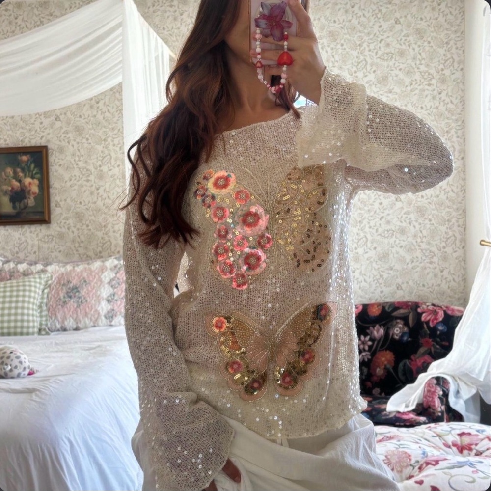 Sequin Butterfly Knit Sweater in Cream with Pink Accents